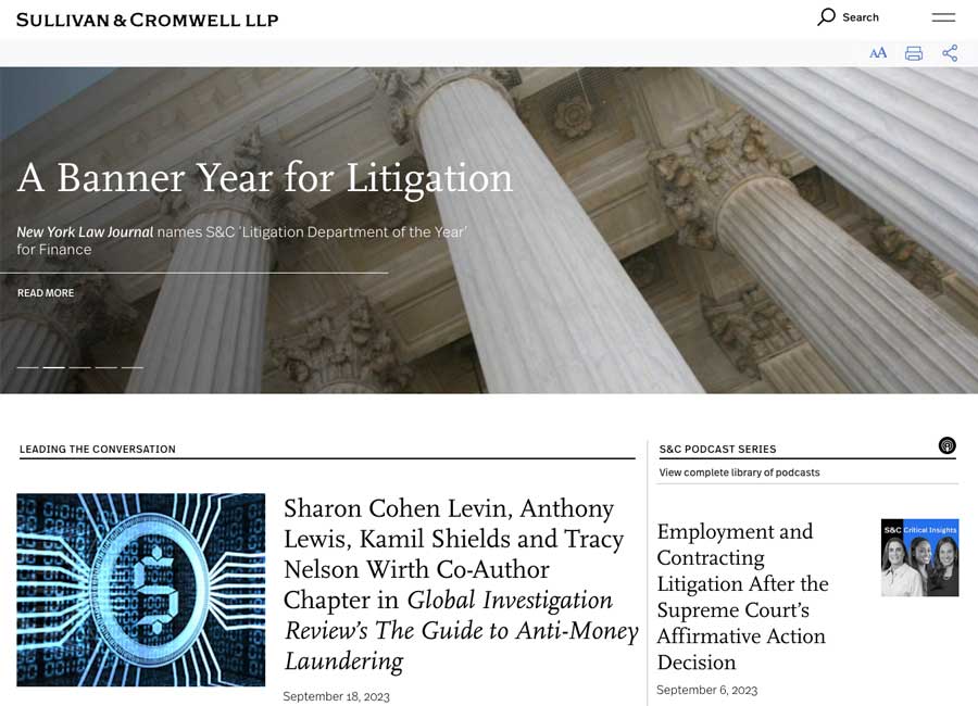 Thumbnail image of Sullivan & Cromwell website